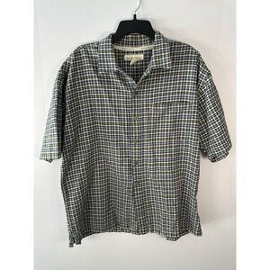 Perry Ellis 100% Cotton Shirt Men's Large Blue Plaid Short Sleeve Button Up